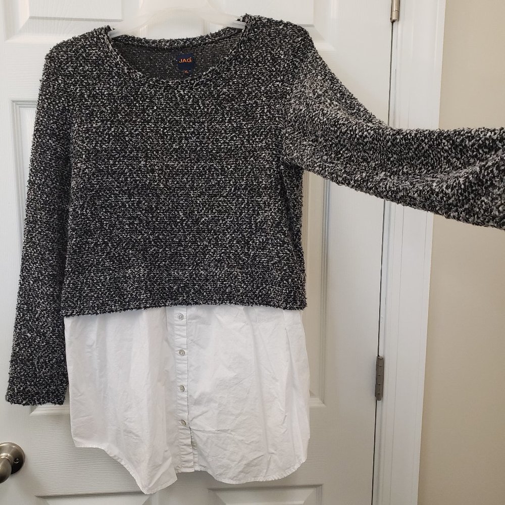 Jag, black grey white, long sleeve, scoop neck, sweater dress shirt, XL vtg 80s